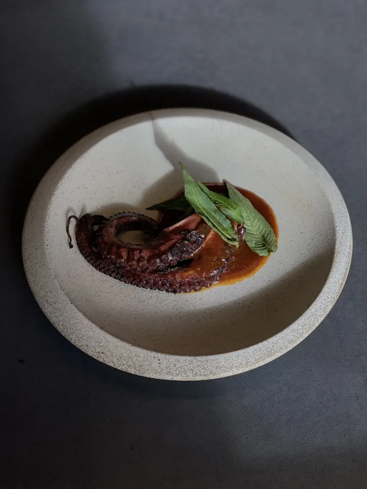Octopus tentacle in spicy tamarind sauce with Vietnamese mint on a stoneware plate