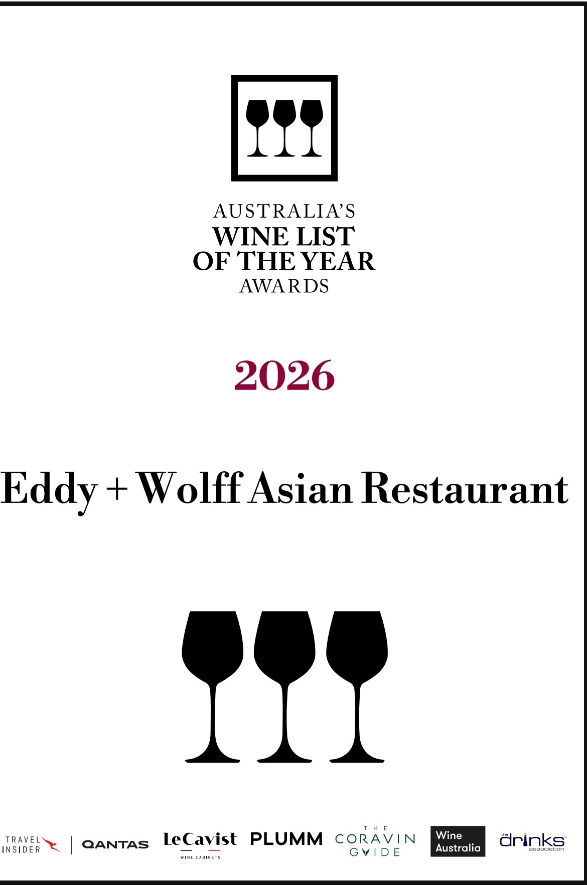 Eddy + Wolff Asian Restaurant — Australia's Wine List of the Year Awards 2026 — 3 Glasses Certificate