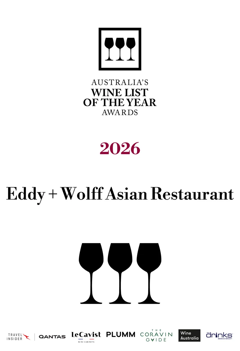 Australia's Wine List of the Year Awards 2026 certificate: Eddy + Wolff Asian Restaurant, 3 Glasses